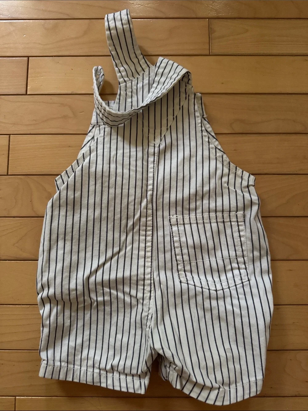 GAP White Overalls with Navy Vertical Stripes.